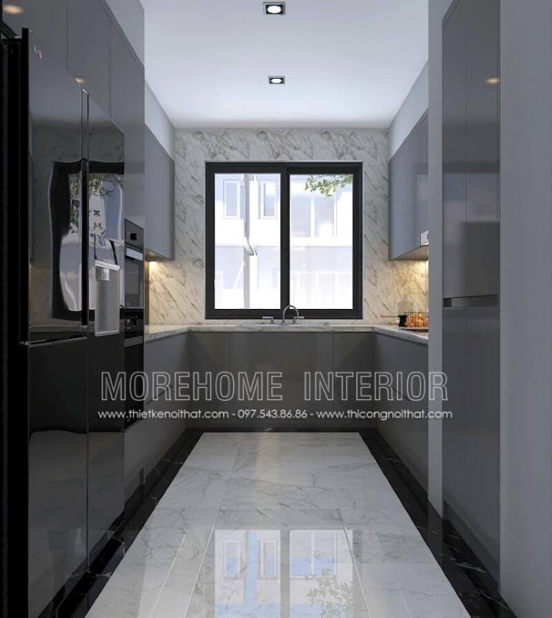 Với phòng bếp không được lớn, bạn nên thiết kế nội thất với tủ bếp hình chữ U hiện đại gỗ acrylic trong đây với một bên bố trí tủ lạnh, lò vi sóng, lò nướng một bên là bếp từ nấu và tủ bếp đựng bát đĩa, xoong nồi cần thiết và ở giữa là chậu rửa là một trong những gợi ý giúp không gian bếp được phát huy tối đa công năng. Thiết kế tủ bếp biệt thự sang trọng