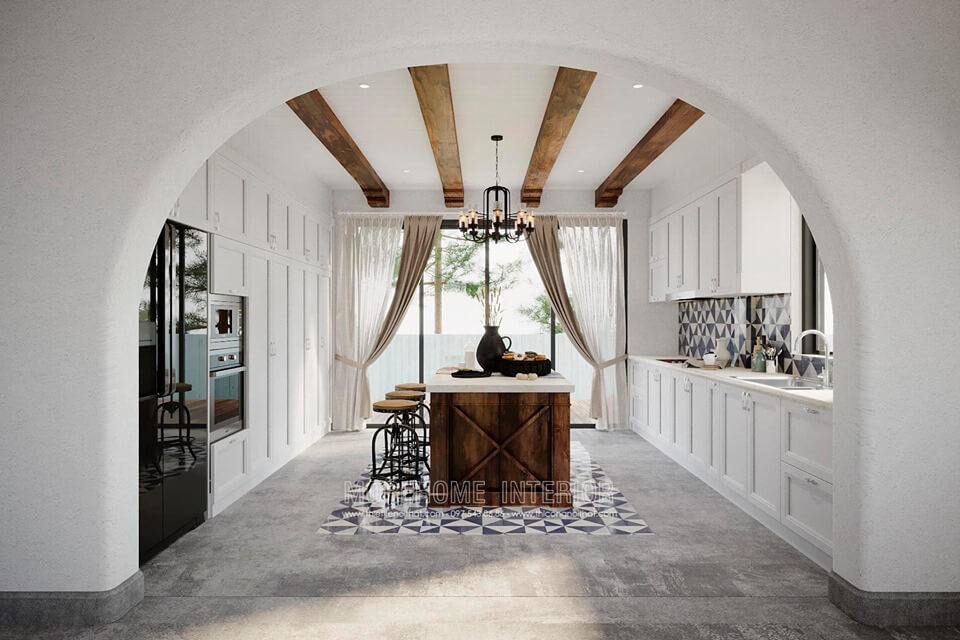 Mẫu thiết kế phòng bếp biệt thự này được phân chia làm 2 phần đối xứng Tủ bếp đẹp