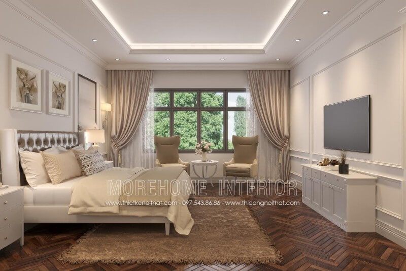 Thiết kế giường ngủ phòng Master đẹp với kiểu dáng gọn gàng, ngăn nắp với những chi tiết không quá cầu kì, gây rối mắt cho người dùng