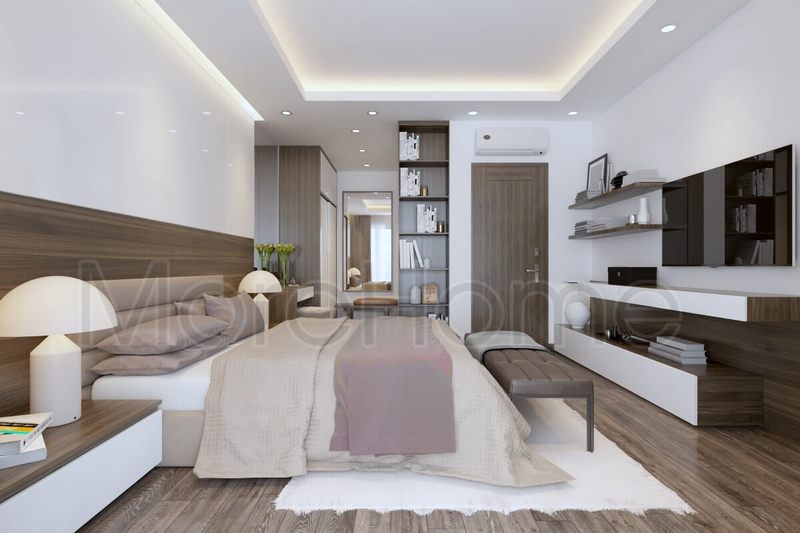 Mẫu giường ngủ bọc sofa hiện đại với tông màu kem hiện đại