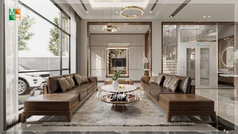 Phòng khách được thiết kế mang phong cách hiện đại mang đến sự sang trọng và ấn tượng cho không gian sống của gia đình.